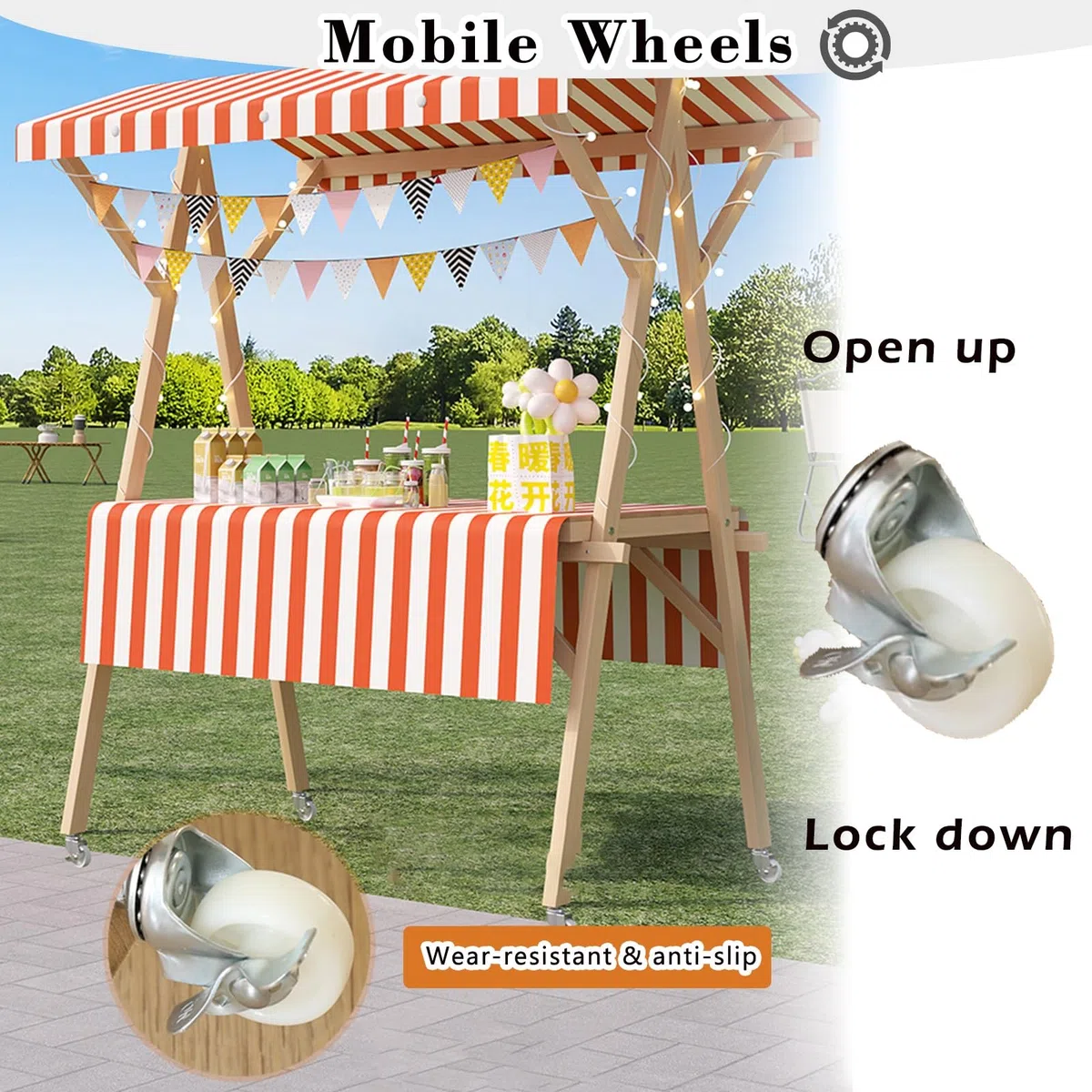 Marktstand, Imbisswagen Marktstand-Display Aus Holz, 120 X 60, 150 X 60, 180 X 60, Tragbarer Imbisswagen Mit Rädern Und Baldachin, Blumenwagen(No Wheels,150x60cm/59x23.6in)