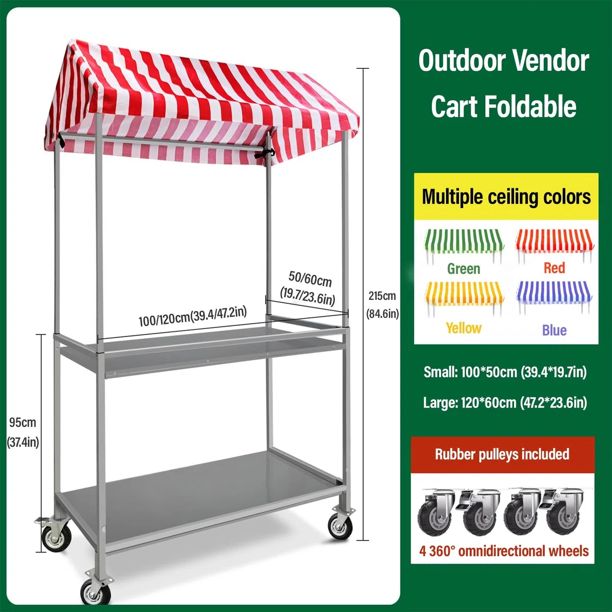 Marktstand Verkaufsstand Mobiler Verkaufswagen, Faltbarer Outdoor-Food-Cart Mit Gestreifter Markise, Doppellagigen Ablagen Und Feststellbaren Rollen, Für Märkte, Street-Food, Getränke & Events