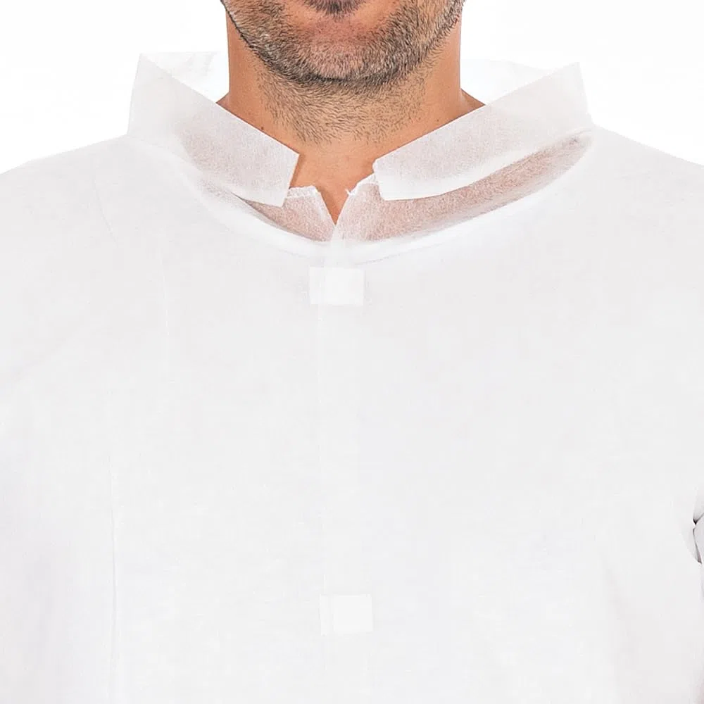 FRANZ MENSCH 100 Stück Hygonorm Besucherkittel Light mit Klettverschluss, Stehkragen | PP, white, XXL, L: 110cm, Umfang: 140cm, Box, Einwegkittel, Einwegkittel, Besucherkittel