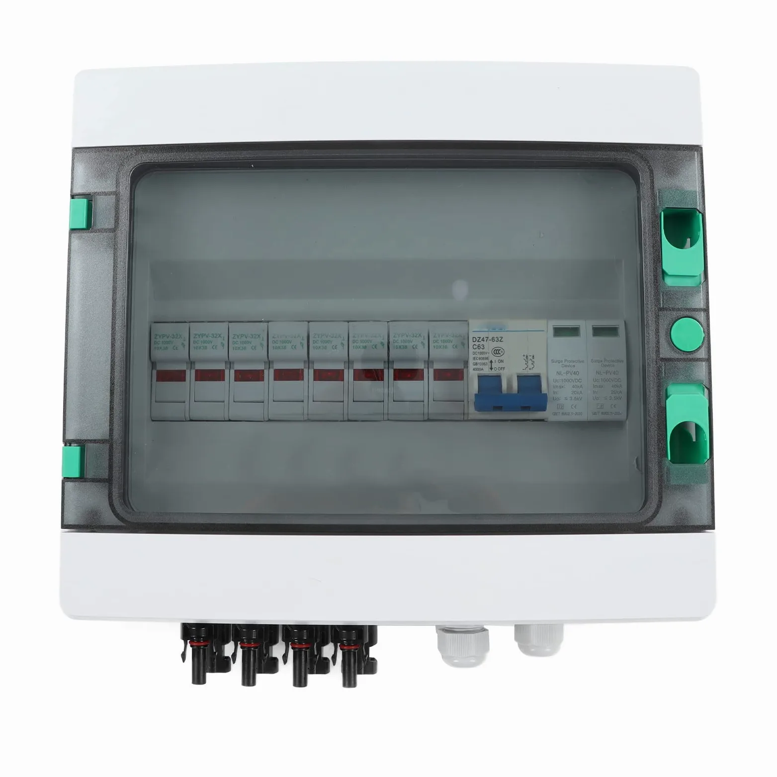 Kadimendium Photovoltaik Combiner Box 4 String PV Combiner Box mit Überspannungsableiter 15A Sicherung 63A DC Leistungsschalter IP67 Solar Combiner Box DC1000V