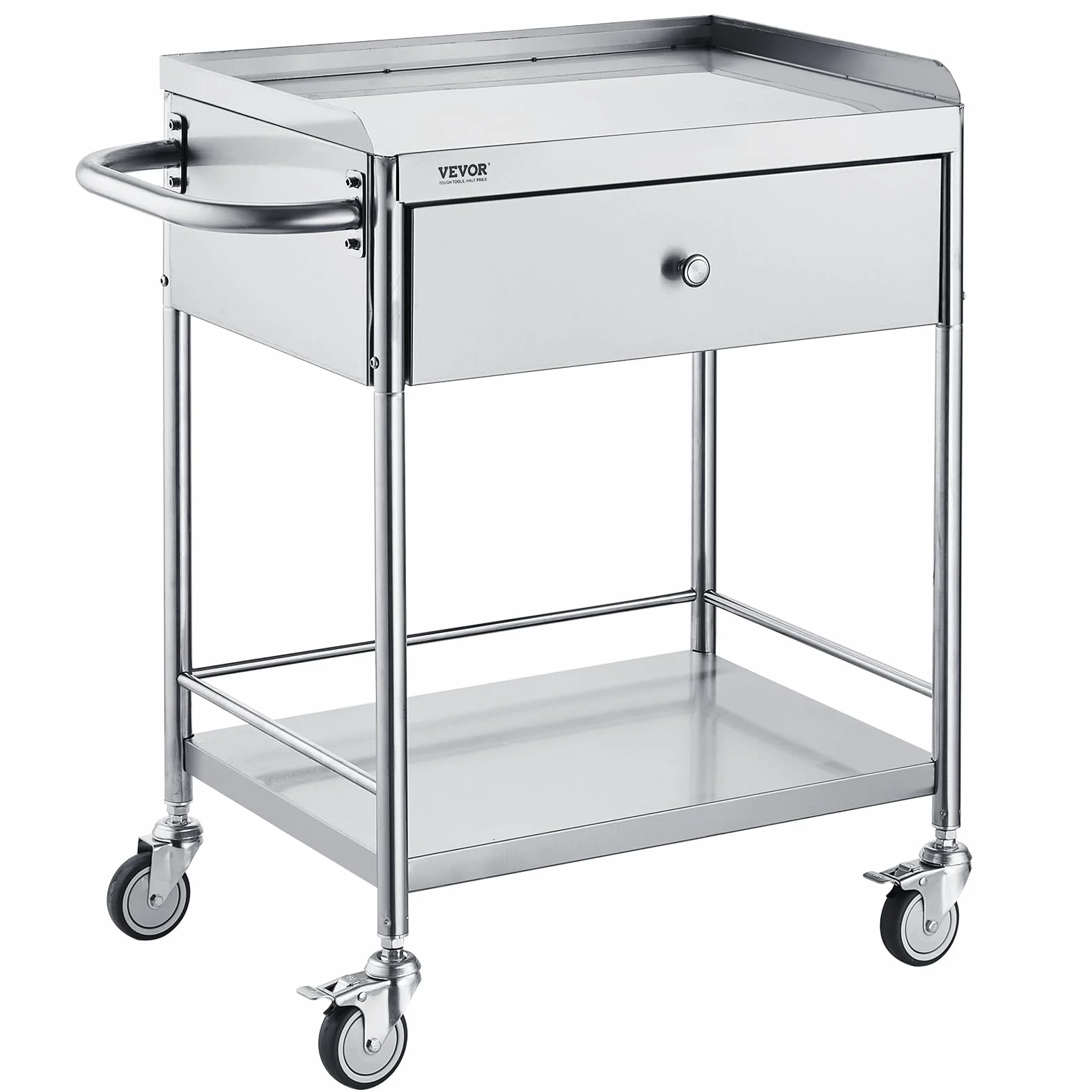 VEVOR Zweistöckiger Laborwagen Gerätewagen Medizintechnik Servierwagen 201 Edelstahl Tragbar Abräumwagen mit Schubladen 100 kg Tragfähigkeit, 710 x 421 x 785 mm (mit Griff) Labor Rollwagen