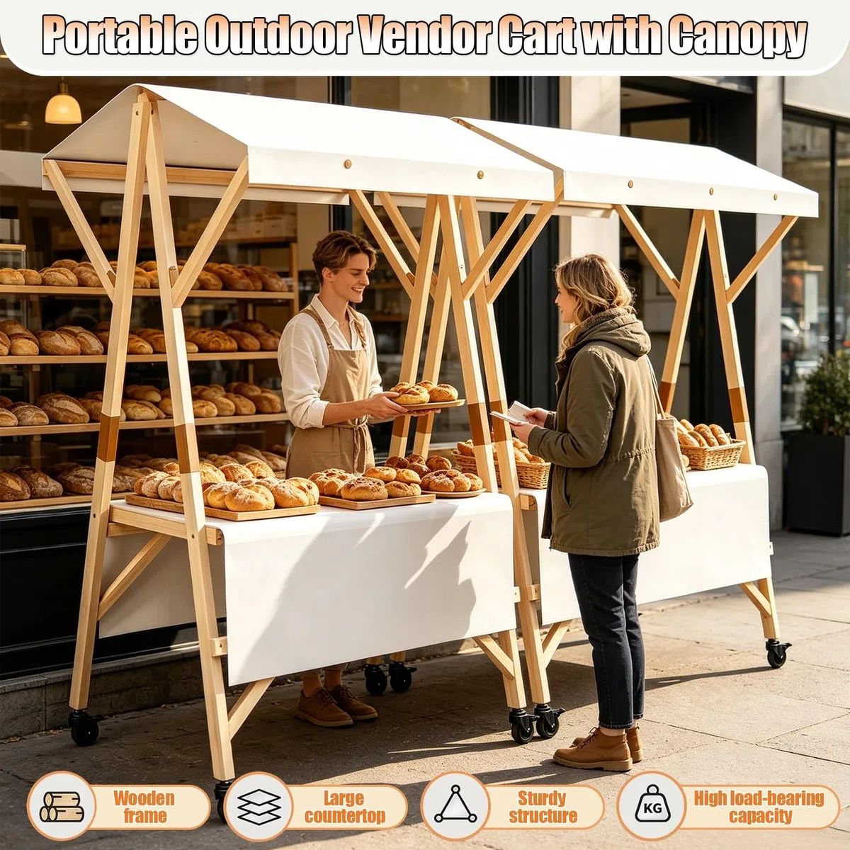 HARELA Imbisswagen Aus Holz, Marktstand Imbisswagen mit Markise Und Feststellrädern, Marktstand-Ausstellungsständer für Outdoor, für Straßen-/Bauernmärkte/Handwerksausstellungen(Pink A,150cm/59in)