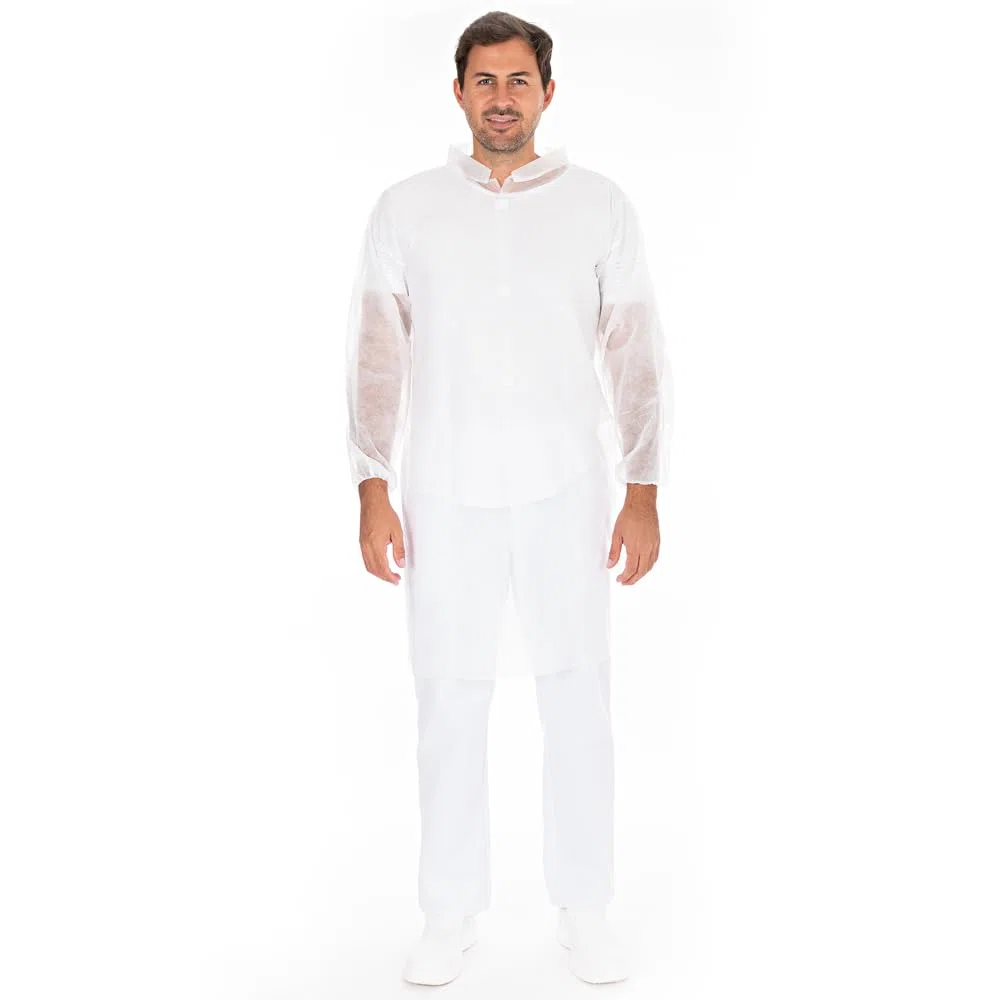 FRANZ MENSCH 100 Stück Hygonorm Besucherkittel Light mit Klettverschluss, Stehkragen | PP, white, XXL, L: 110cm, Umfang: 140cm, Box, Einwegkittel, Einwegkittel, Besucherkittel