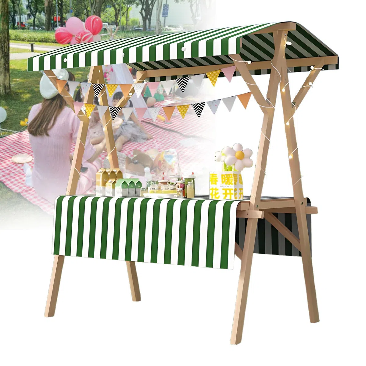 Imbisswagen Marktstand-Display aus Holz - Faltbarer Verkaufsstand mit Baldachin, ideal für Straßen Bauernmarkt & Outdoor, tragbar für Lebensmittel & Blumenwagen a-120 * 60 * 200