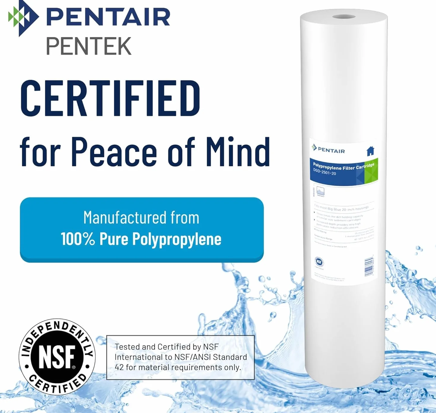 Pentek DGD-2501-20 Big Blue Sediment Water Filter, 20-Inch, Whole House, 100% Pure Polypropylene Gradient Density Cartridge, 4.5" X 20", 1 micron