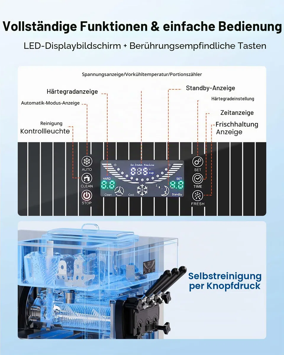 VEVOR Gewerbliche Eismaschine 20-28 L/h Leistung, Softeismaschine 2200 W lmit 2 x Behältern (6 L), Vorkühlung, Selbstreinigung und LED-Display, Tischgerät für Snackbars, Dessertläden und Cafés, Silber