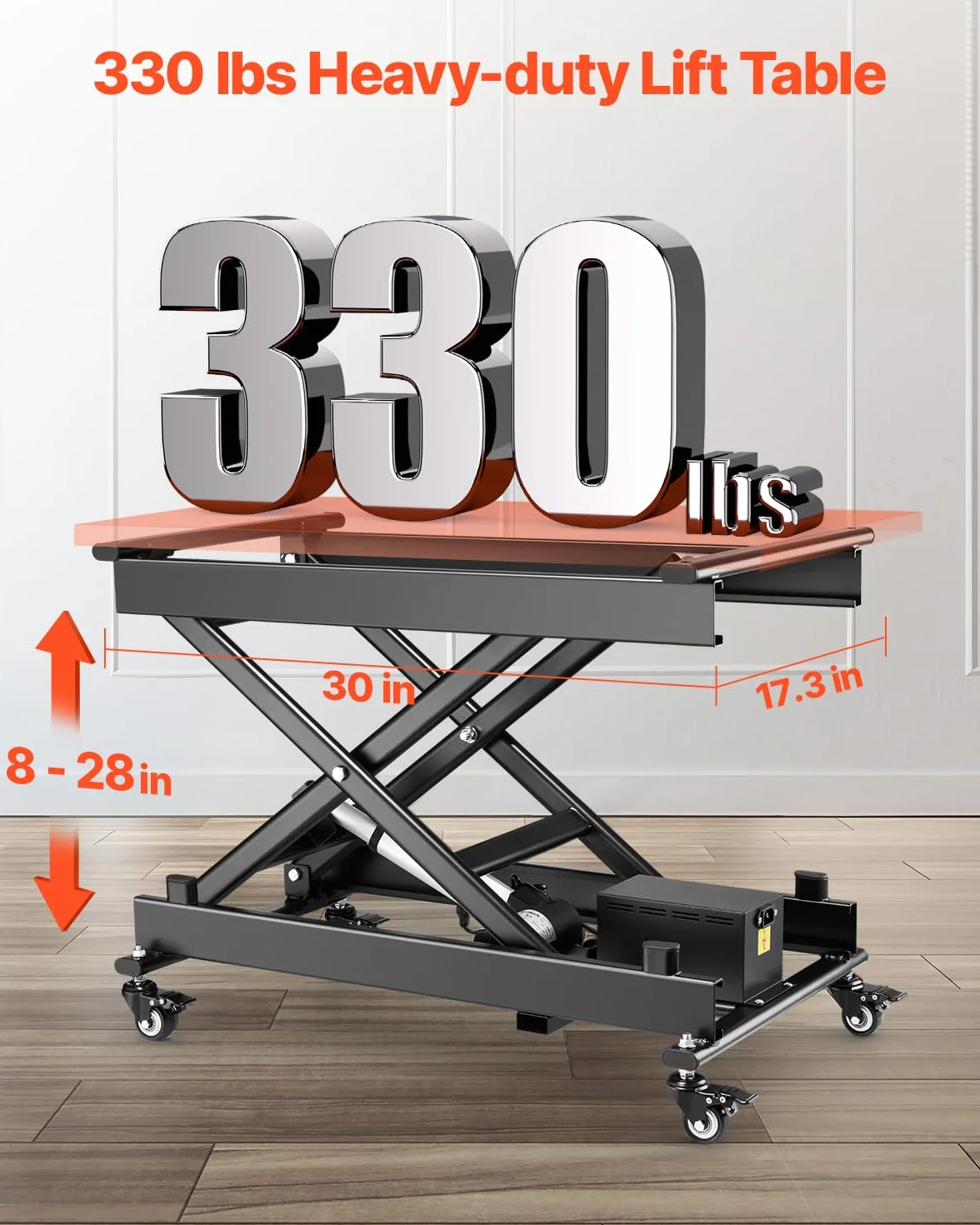 VEVOR Elektrischer Hubtisch 76x44 cm, 150 kg Tragkraft, Scherenhubtisch, 200 bis 710 mm höhenverstellbare Hebebühne, Couchtischlift mit 4 Rädern, für Materialhandhabung und Transport, Schwarz