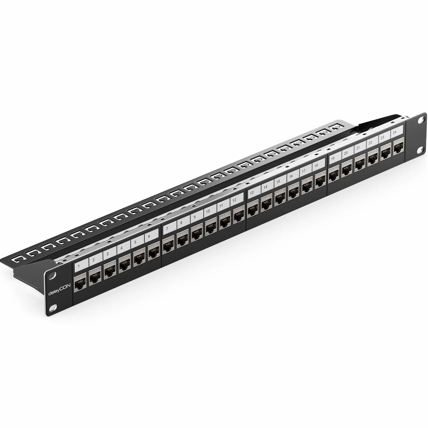 deleyCON 24 Port CAT7 Patchpanel SET Patchfeld Verteilerfeld Modular 1 HE 19" Zoll Rackeinbau + 24x CAT 7 Keystone Module RJ45 LAN Netzwerk 10 Gbit/s 600 MHz Verlegekabel Schwarz