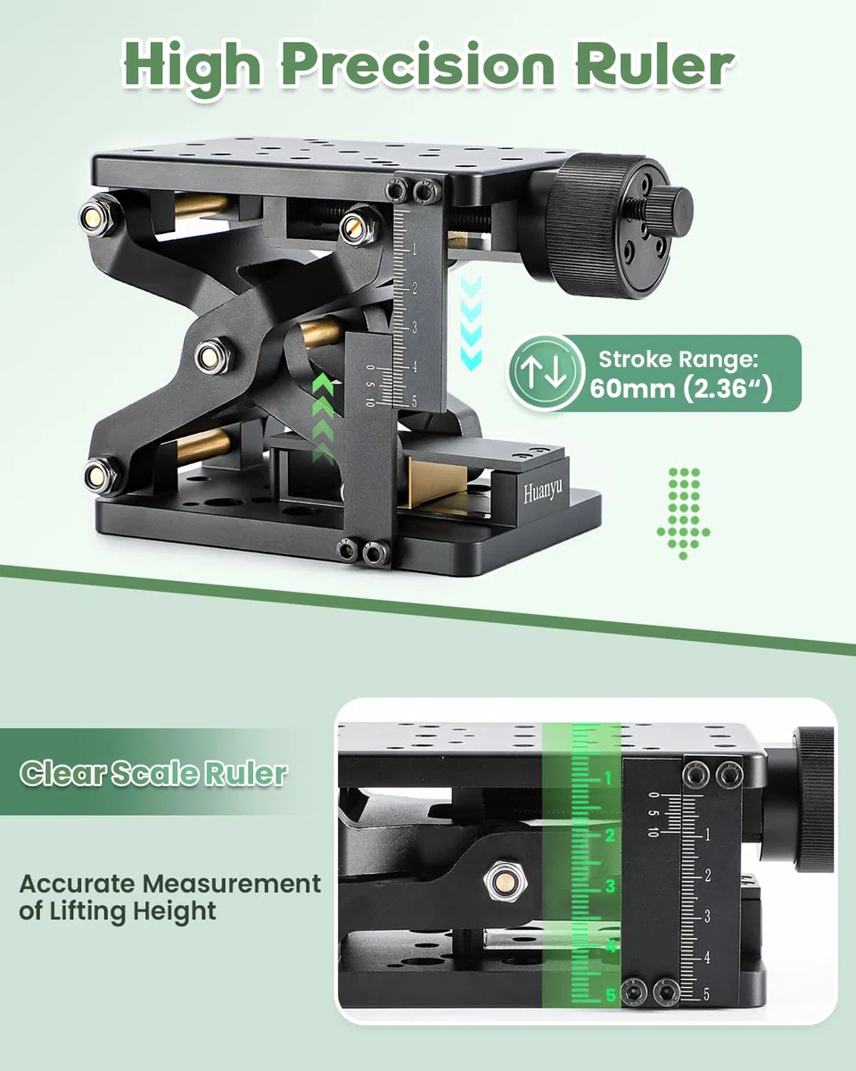 Huanyu Z-Axis Manuelle Hebebühne 60 mm hoch präzise optische Schiebehebebühne Verschiebung Plattform Tisch Linear Bühne Labor Jack Aufzug 60 mm Reise mit Lineal