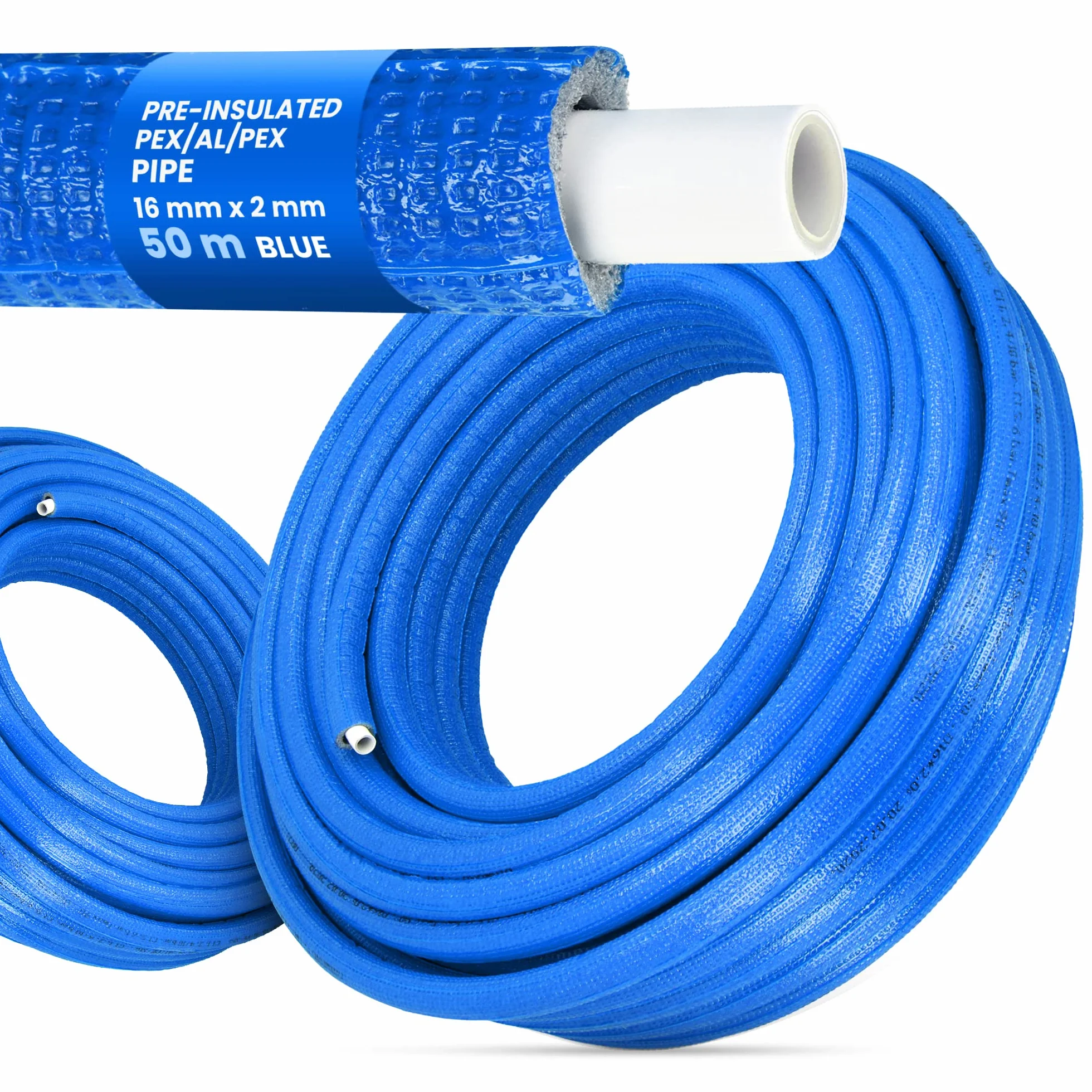 Vorisoliertes PEX/AL/PEX-Rohr Polyethylen-Ummantelung Stark Langlebig 16 x 2 mm Blau 50 m Wasserversorgungs-Heizsysteme