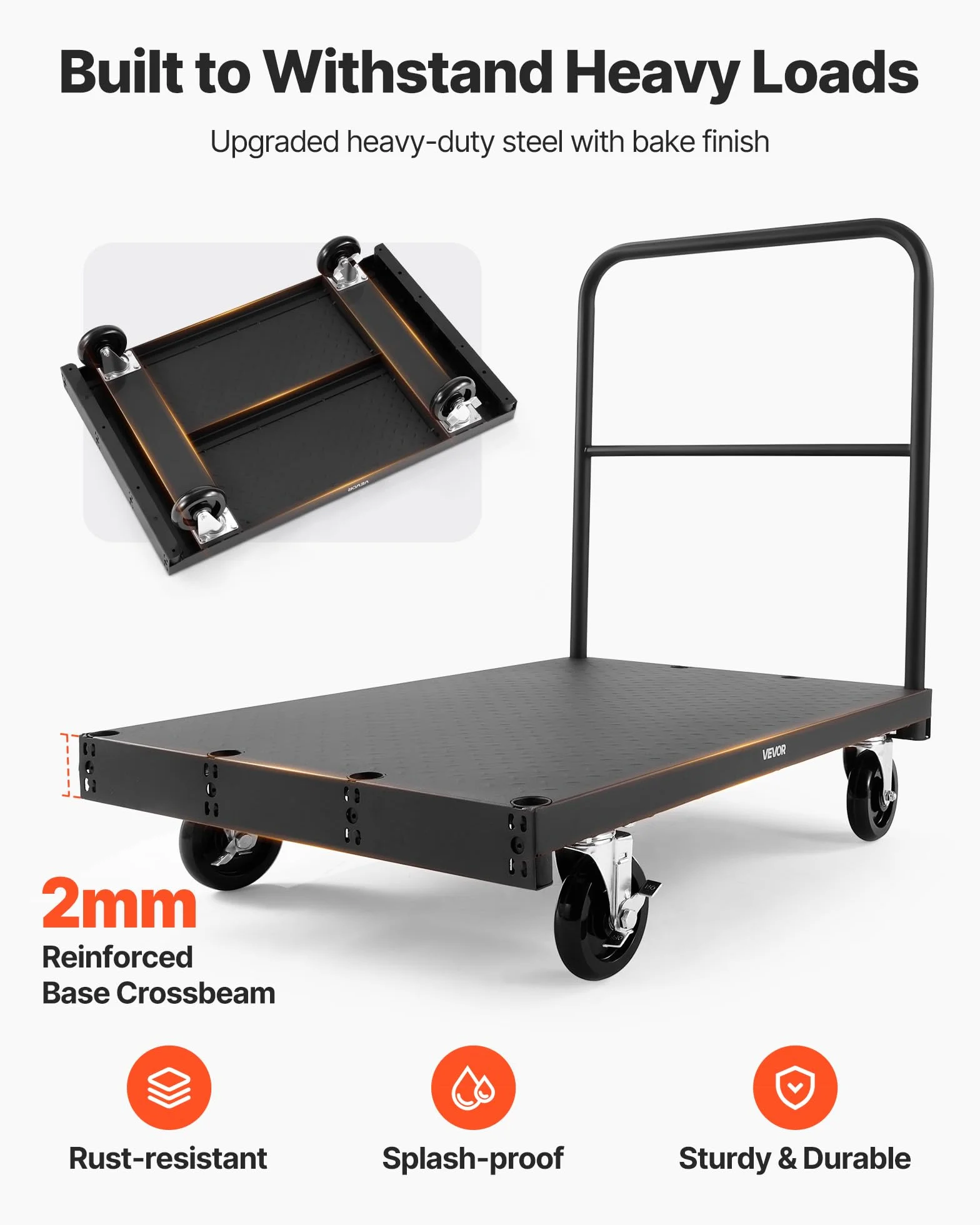 VEVOR Plattenwagen, 816 kg Tragkraft, 2-in-1 Rollenwagen mit 360° Lenkrollen, 914x610 mm Plattformwagen mit 3 seitlichen Handläufen, Transporthilfe für Fabrik, Lager, Garage, Schwarz