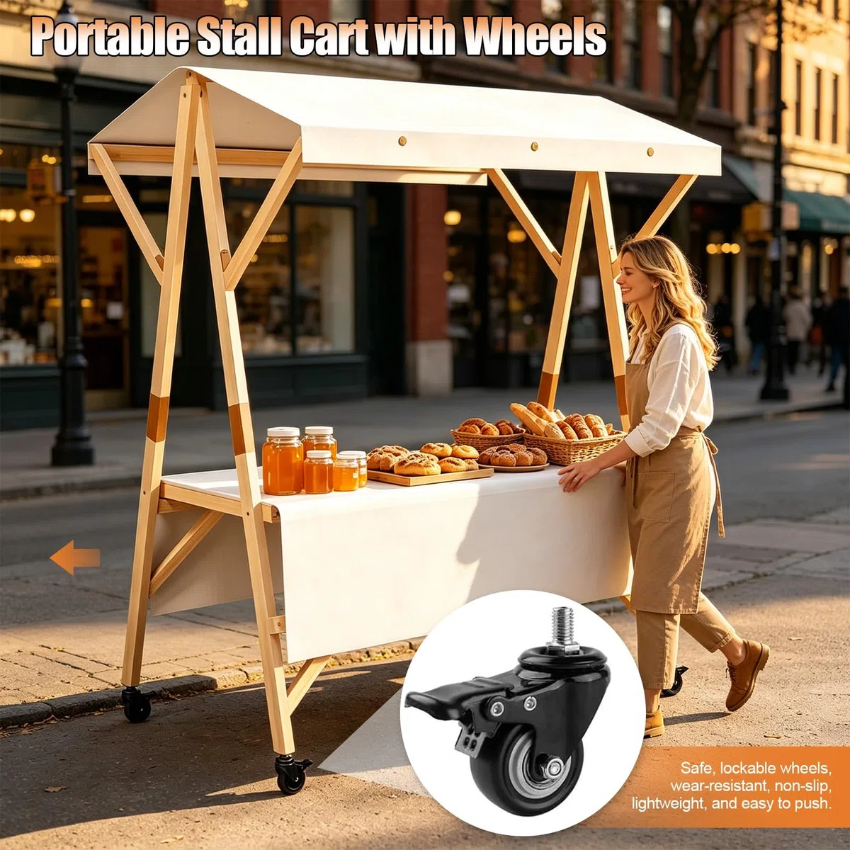 HARELA Imbisswagen Aus Holz, Marktstand Imbisswagen mit Markise Und Feststellrädern, Marktstand-Ausstellungsständer für Outdoor, für Straßen-/Bauernmärkte/Handwerksausstellungen(Pink A,150cm/59in)