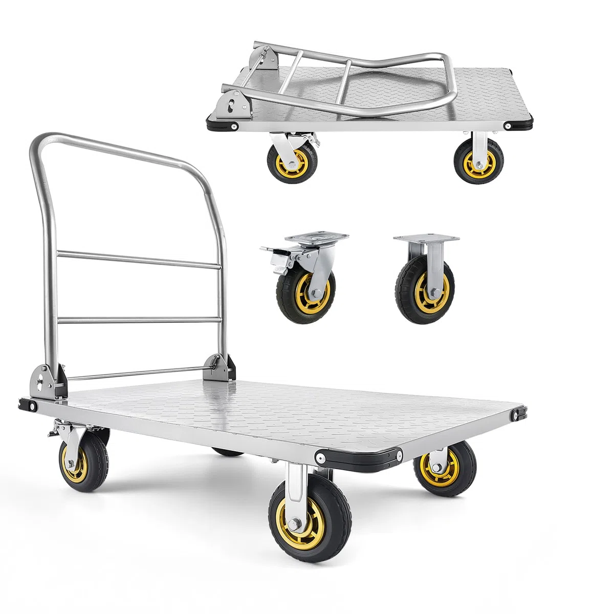 VEVOR Plattformwagen Klappbar 907 kg, Transportwagen mit Lenkrolle, Handwagen mit Rutschfester Ladefläche, Klappwagen Transporthilfe für Einfache Aufbewahrung, 900x600 mm Rollwagen