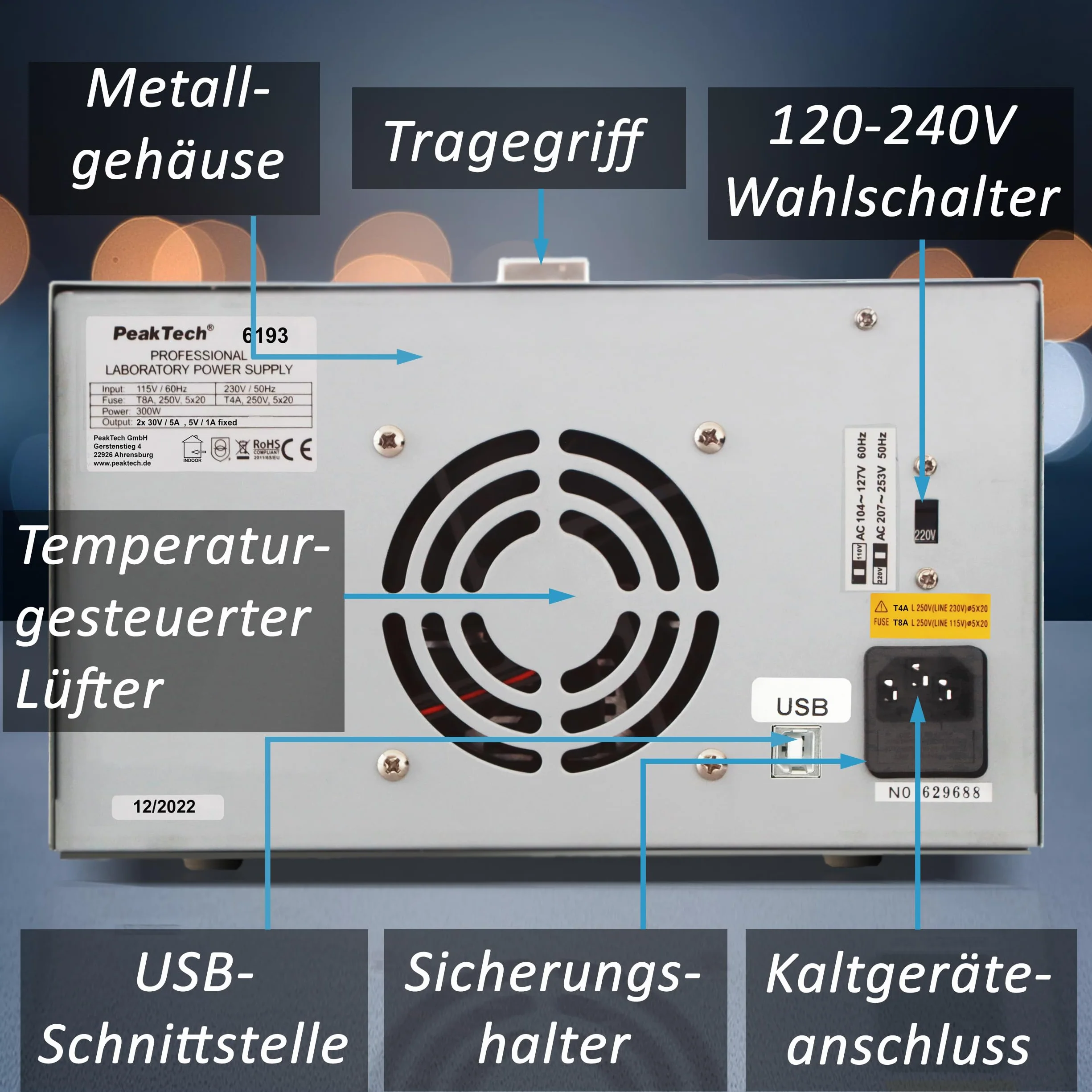 PeakTech 6193-2CH Labornetzteil DC 0-30V 0-5A 300W Labornetzgerät USB