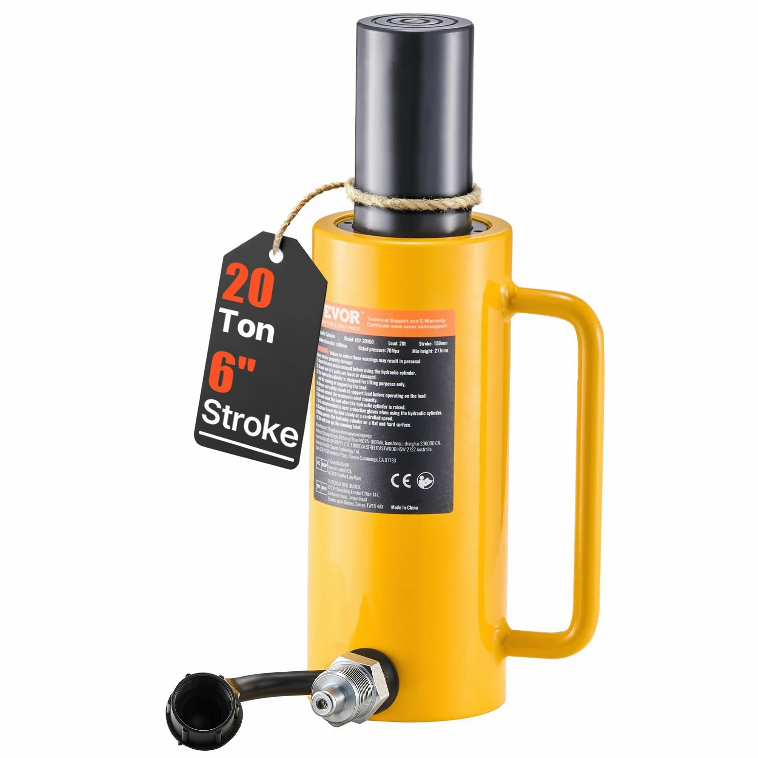 VEVOR Hydraulikzylinder 20 t Vollkolben-Heber 15 cm Hub mit Schnellkupplung, Einfachwirkender Hydraulikzylinder Tragbarer Hydraulikheber für Heben Drücken Ziehen Maschinenbau Werkstatt Garage