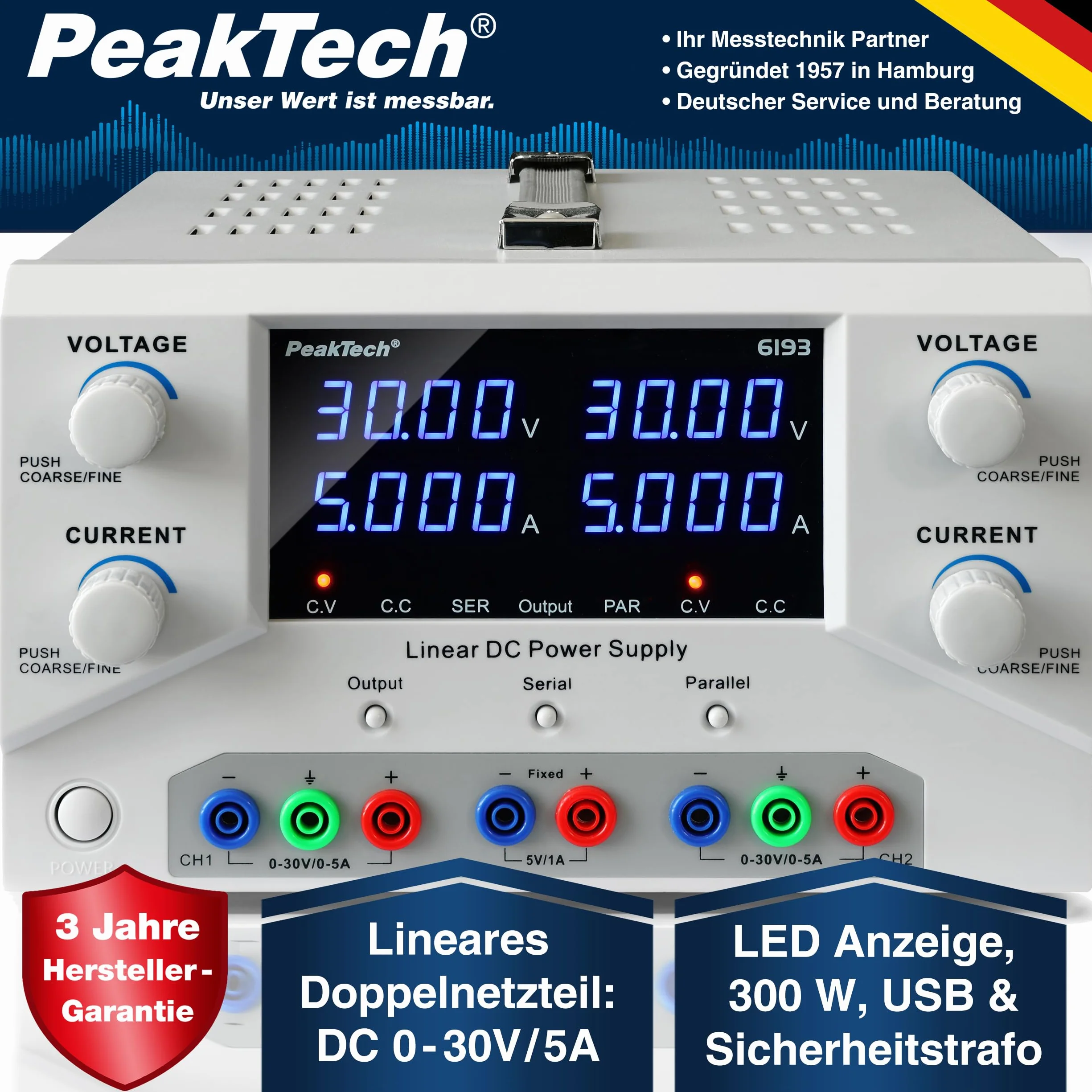 PeakTech 6193-2CH Labornetzteil DC 0-30V 0-5A 300W Labornetzgerät USB