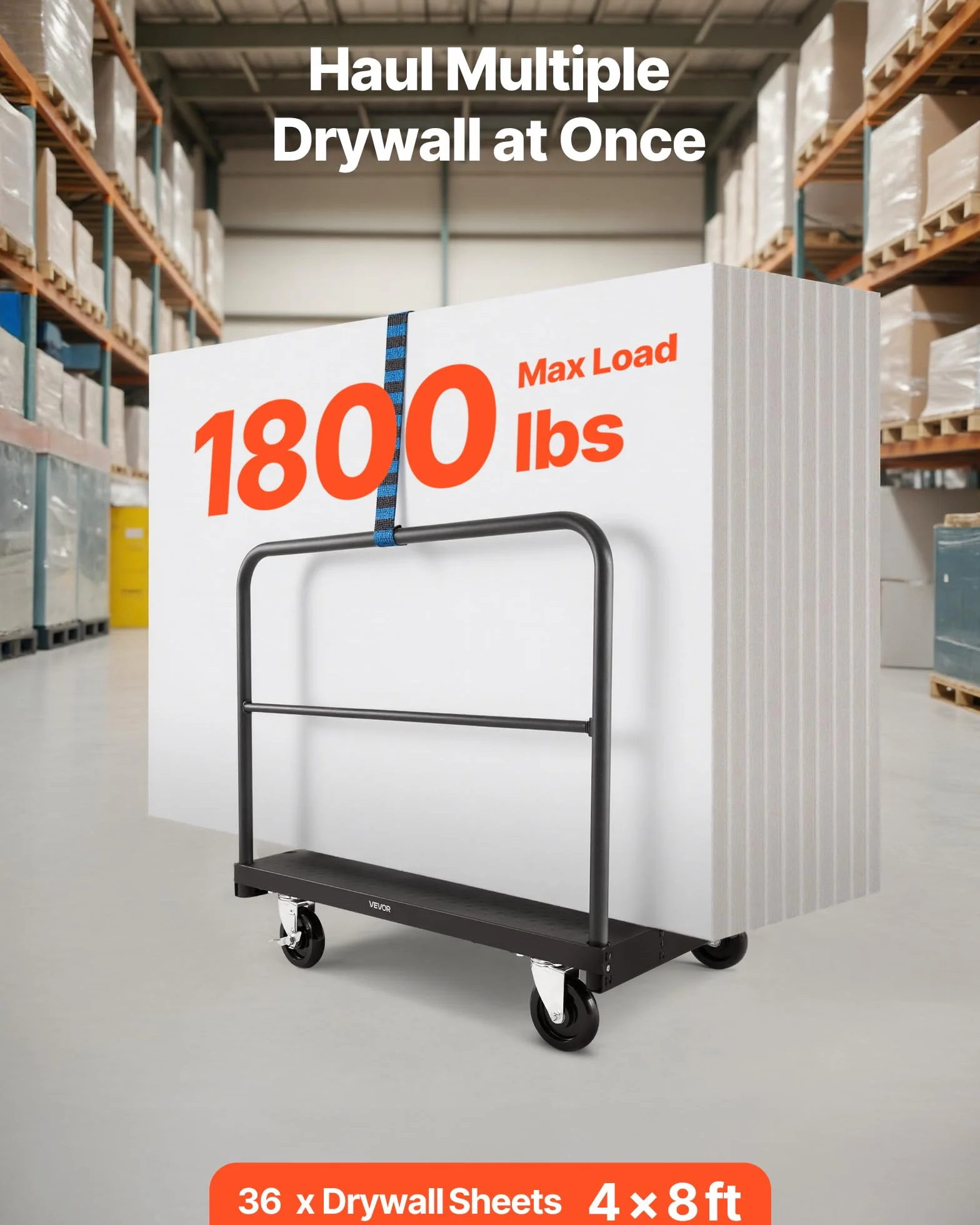 VEVOR Plattenwagen, 816 kg Tragkraft, 2-in-1 Rollenwagen mit 360° Lenkrollen, 914x610 mm Plattformwagen mit 3 seitlichen Handläufen, Transporthilfe für Fabrik, Lager, Garage, Schwarz