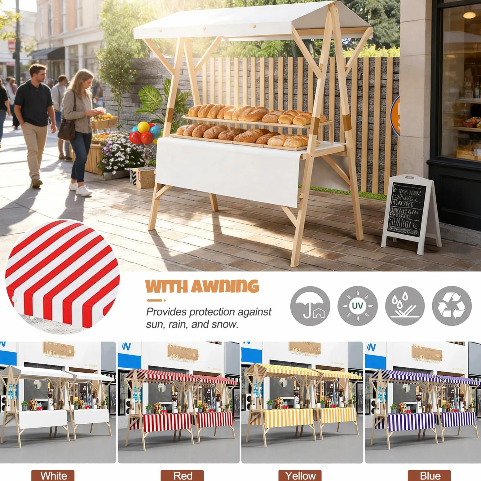 HARELA Marktstand Imbisswagen Aus Holz, Faltbarer Verkaufsstand Mit Vordach, Marktstand-Ausstellungsständer für Outdoor, Verkaufsstand Für Hotdogs, Eis Und Snacks(White,150cm/59in)