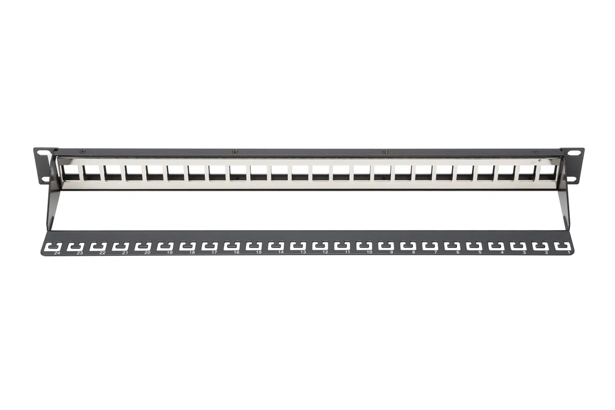 DIGITUS Patchpanel – Modular – 19-Zoll – 24-Port – Geschirmt – Rack-Montage 1HE – Schwarz – Mit 24x Cat6A Keystone-Modul