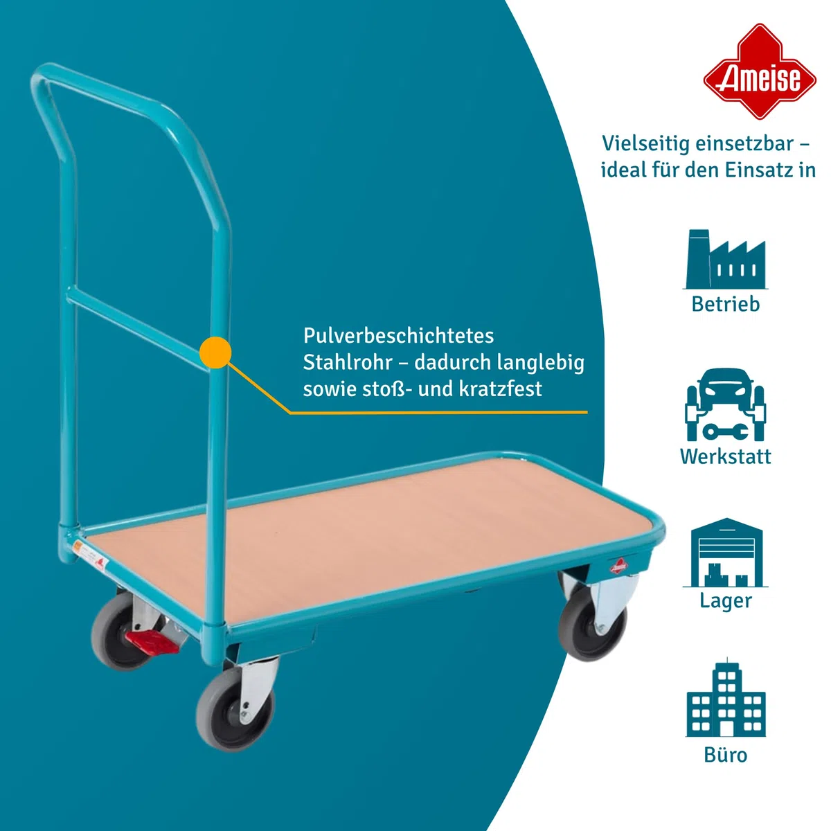 Ameise Magazinwagen | 200 kg Tragkraft | HxBxT 91 x 45 x 95 cm | Ladefläche BxT 45 x 85 cm | 4 TPE-Rollen mit Zentralbremse | stabiles Stahlgestell | stoß- und Kratzfest | bodenschonend