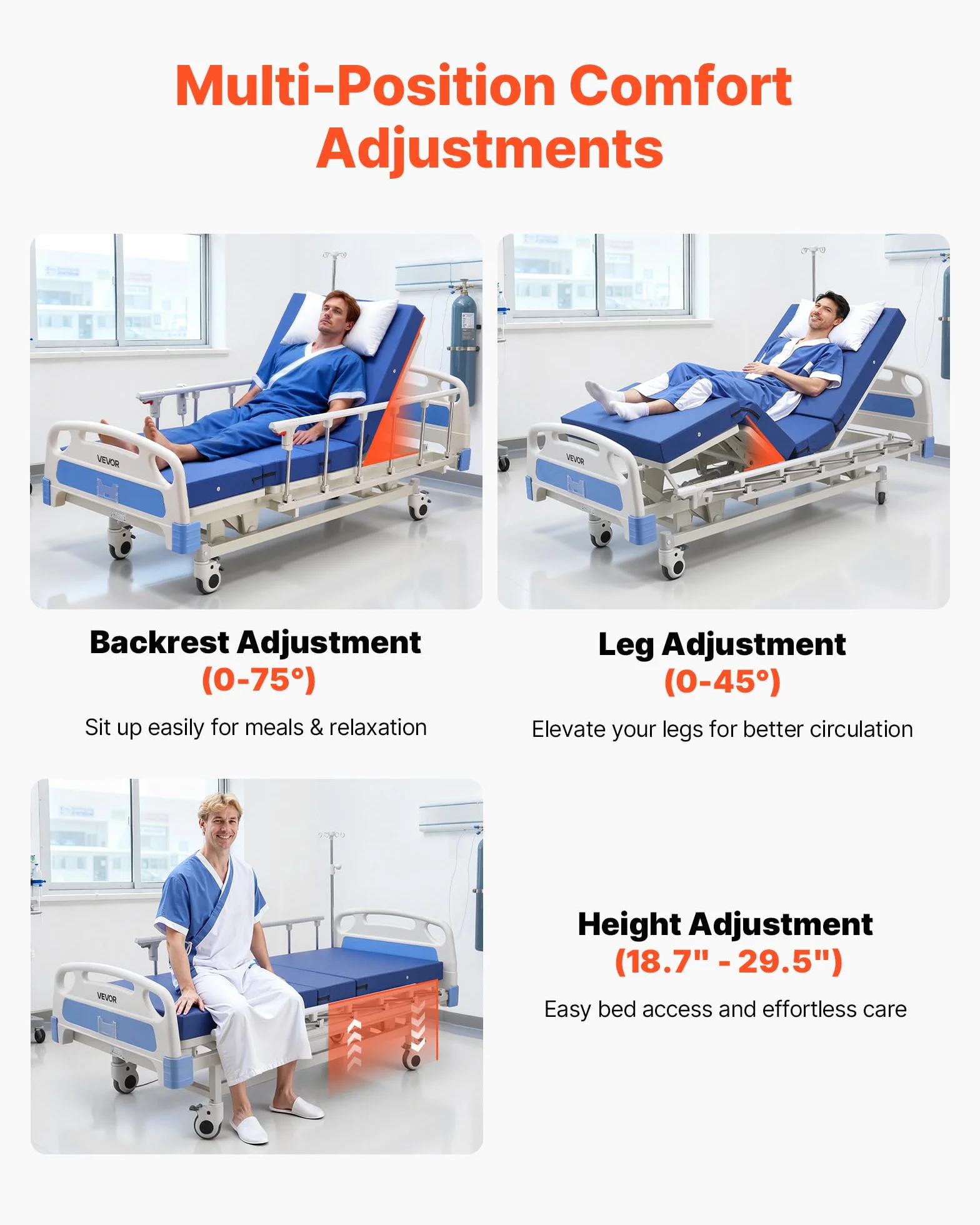 VEVOR Krankenhausbett Elektrisch, 3-Funktionen-Pflegebett mit Rückenlehne, Beinstütze & 475-750 mm Höhenverstellung, 12,7 cm Rollen, Matratze, für Häusliche Pflege, Altenheim & Krankenhaus