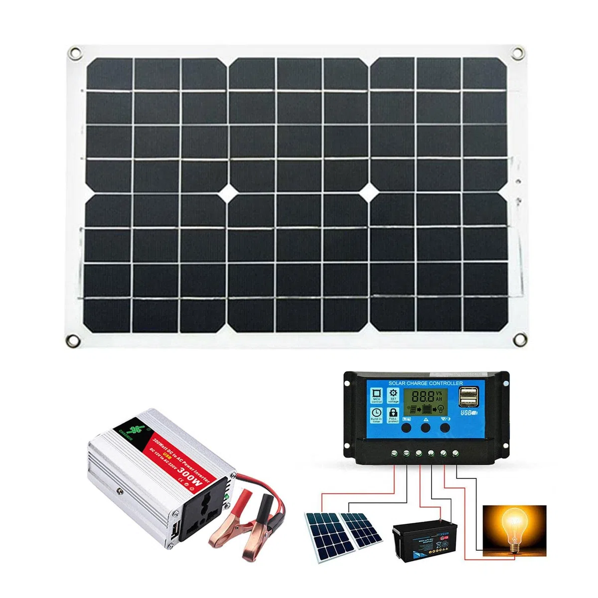 Luckxing 300W Solaranlage Komplettset Inselanlage netzunabhängiges Kit für Wohnmobil Camper mit 1 Wechselrichter mit Batterieklemme + 1 Solarpanel 18W 18V + DC-Krokodilklemme + 1 Solarladeregler 30A