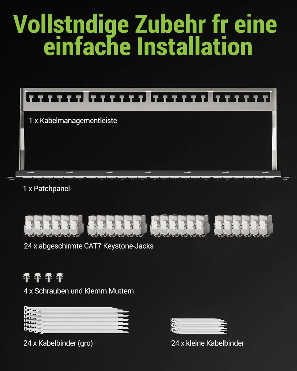 24 Port CAT7 Patchpanel mit 24 x Vergoldet Cat7 Keystone Module,10 Gbit/s 600MHz, Geschirmtes Keystone Patchpanel, 19 Zoll patchpanel mit EMI/RFI-Schutz und Kabelmanagement-Kit