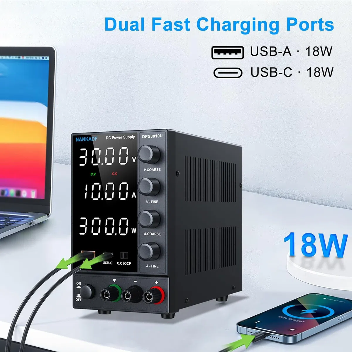 Labornetzteil 30 V 10 A, Variables DC-Netzteil mit USB-A/Typ-c-Schnellladeanschluss, Labornetzgerät mit hochpräzisem 4-Stellige LED-Anzeige Gebereinstellknopf