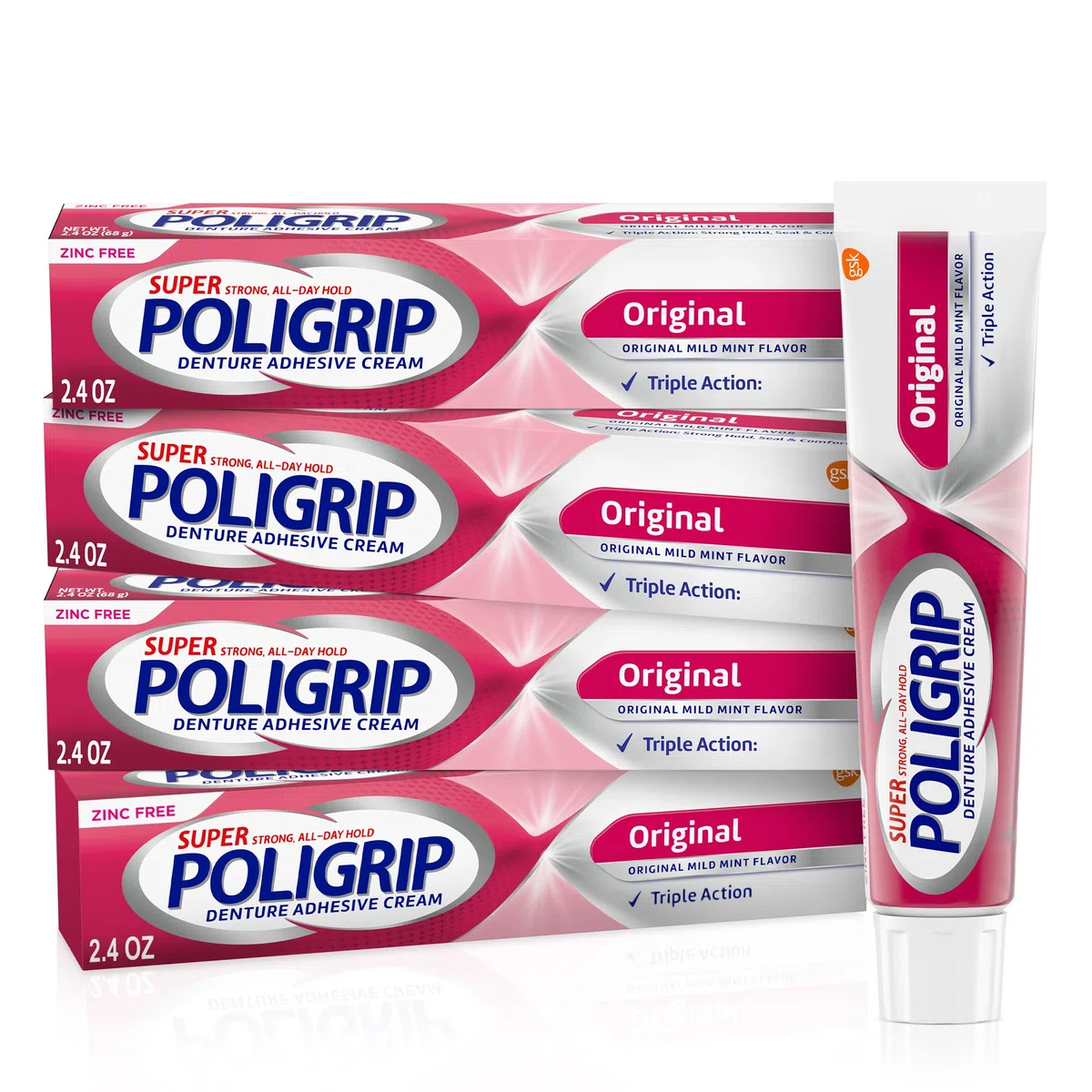 Super Poli-Grip Super Poligrip Original Formula Zinc Free Denture and Partials Adhesive Cream, 4x2.4 ounce