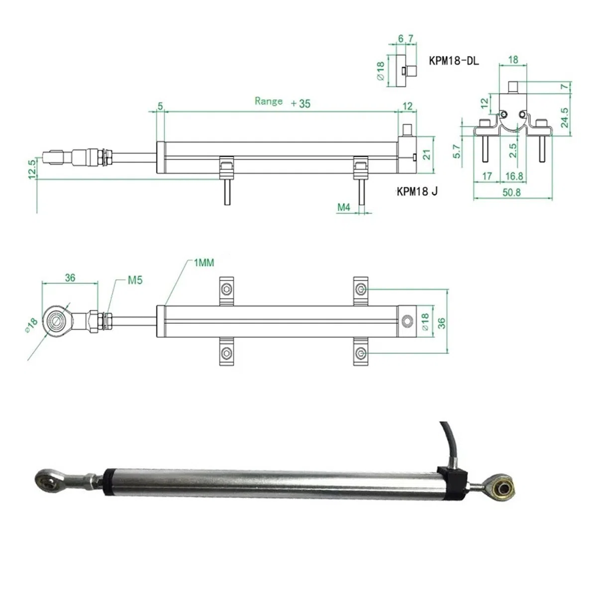 Linearer Positionssensor KPM18J 25–300 mm linearer Potentiometer Wegaufnehmer Wegsensor mit zweiseitigem Kugelgelenk (Color : 75mm)