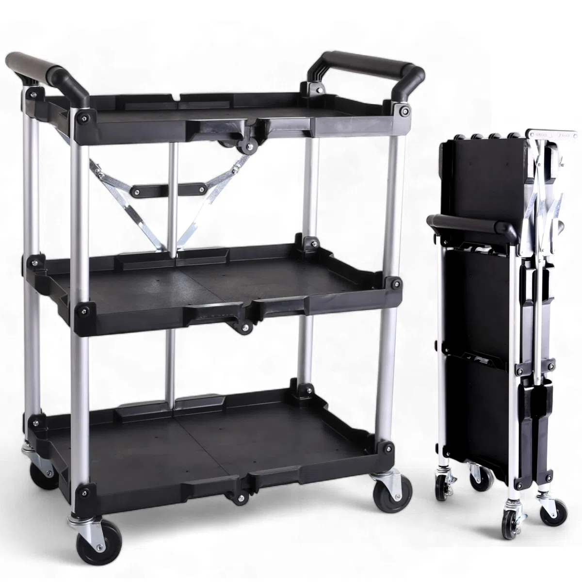 Pallit Serve Servierwagen mit Rollen 75 kg Tragkraft 3 Ebenen, klappbarer Küchenwagen, Rollwagen aus Metall 600 x 380 mm für Küche, Büro, Werkstatt
