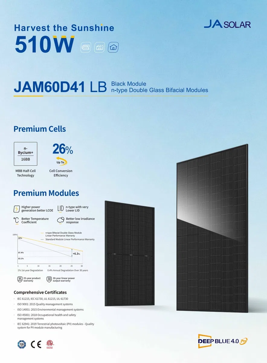 Solarmodul 500 W FULL BLACK Bifazial Glas/Glas PV Modul Solarpanel - PMax 500W Bifacial N-Type, für Balkonkraftwerk oder PV Solar Anlage