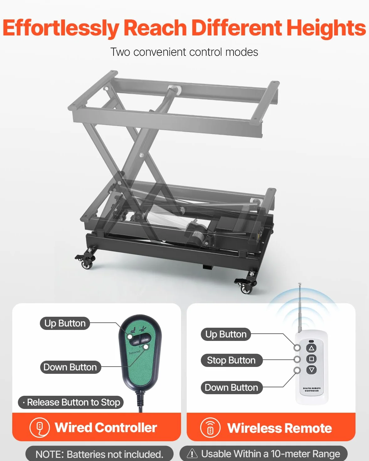 VEVOR Elektrischer Hubtisch 76x44 cm, 150 kg Tragkraft, Scherenhubtisch, 200 bis 710 mm höhenverstellbare Hebebühne, Couchtischlift mit 4 Rädern, für Materialhandhabung und Transport, Schwarz
