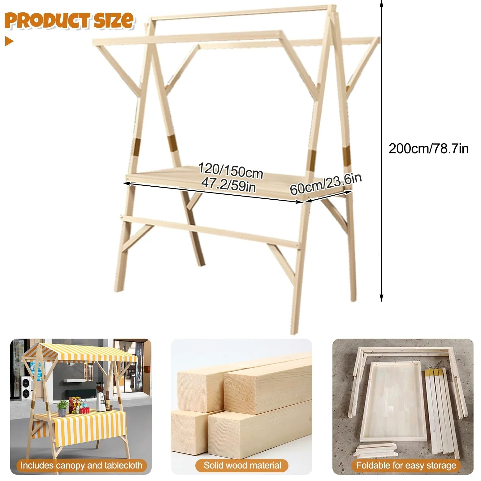 HARELA Marktstand Imbisswagen Aus Holz, Faltbarer Verkaufsstand Mit Vordach, Marktstand-Ausstellungsständer für Outdoor, Verkaufsstand Für Hotdogs, Eis Und Snacks(White,150cm/59in)