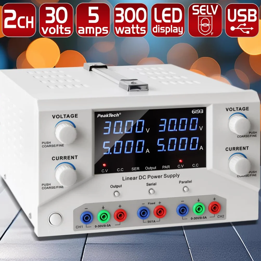 PeakTech 6193-2CH Labornetzteil DC 0-30V 0-5A 300W Labornetzgerät USB