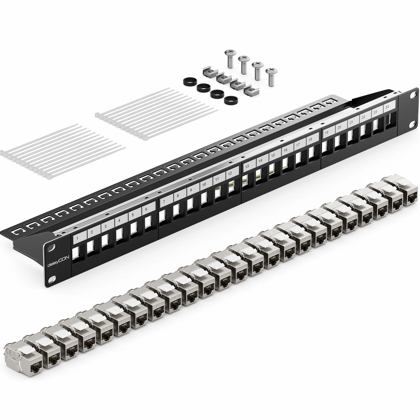 deleyCON 24 Port CAT7 Patchpanel SET Patchfeld Verteilerfeld Modular 1 HE 19" Zoll Rackeinbau + 24x CAT 7 Keystone Module RJ45 LAN Netzwerk 10 Gbit/s 600 MHz Verlegekabel Schwarz