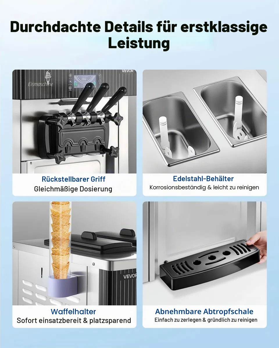 VEVOR Gewerbliche Eismaschine 20-28 L/h Leistung, Softeismaschine 2200 W lmit 2 x Behältern (6 L), Vorkühlung, Selbstreinigung und LED-Display, Tischgerät für Snackbars, Dessertläden und Cafés, Silber