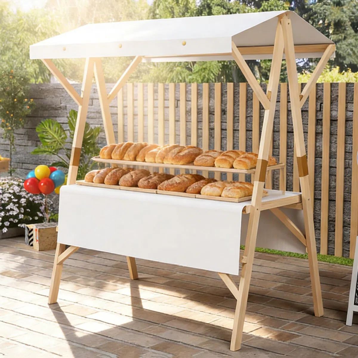 HARELA Marktstand Imbisswagen Aus Holz, Faltbarer Verkaufsstand Mit Vordach, Marktstand-Ausstellungsständer für Outdoor, Verkaufsstand Für Hotdogs, Eis Und Snacks(White,150cm/59in)
