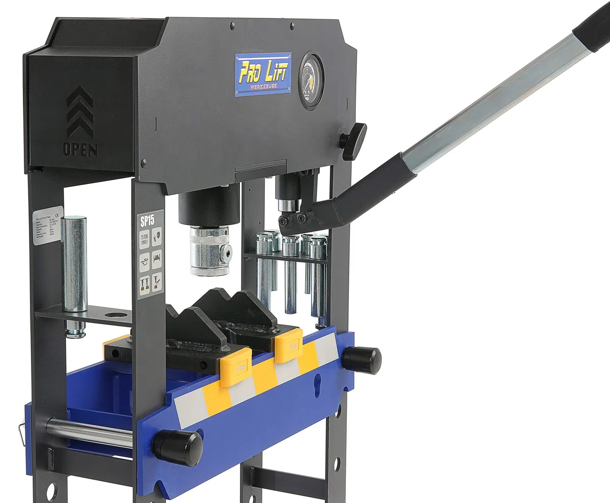 Hydraulik-Presse 15t Werkstattpresse Tischpresse manuell blau Industrie-Presse Handpumpe umformen Shop-Press Abkantpresse + 8 Druckstücke