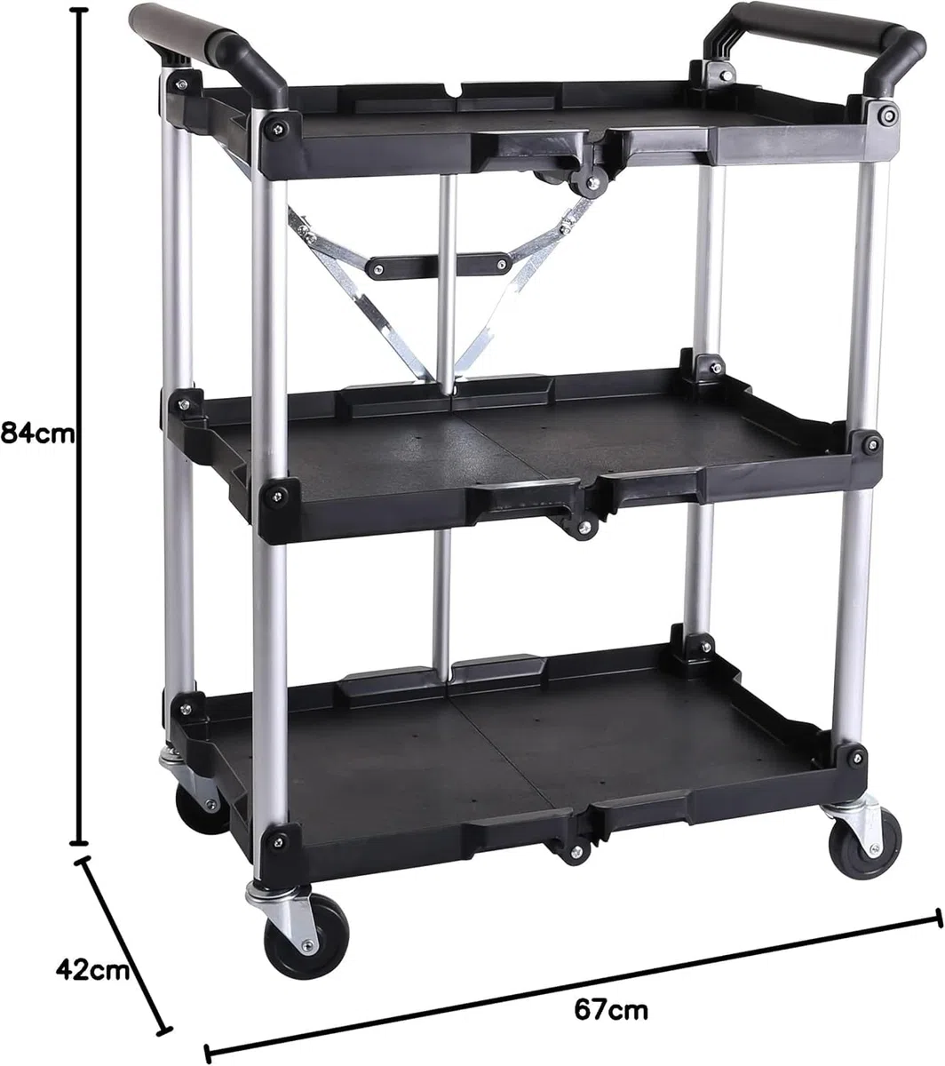 Pallit Serve Servierwagen mit Rollen 75 kg Tragkraft 3 Ebenen, klappbarer Küchenwagen, Rollwagen aus Metall 600 x 380 mm für Küche, Büro, Werkstatt