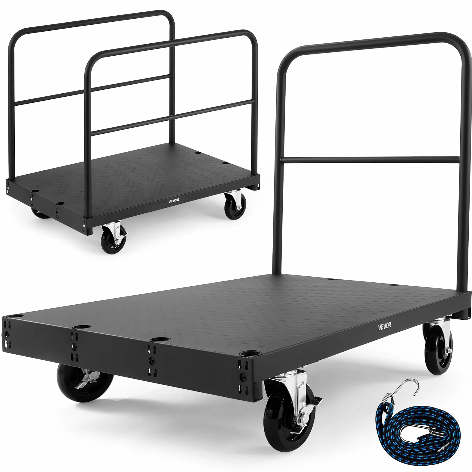 VEVOR Plattenwagen, 816 kg Tragkraft, 2-in-1 Rollenwagen mit 360° Lenkrollen, 914x610 mm Plattformwagen mit 3 seitlichen Handläufen, Transporthilfe für Fabrik, Lager, Garage, Schwarz