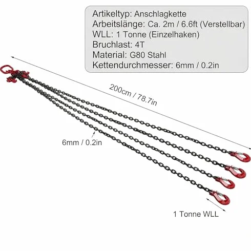 Kettengehänge Anschlagkette aus G80, 6mmx2m 4 Strang Anschlagketten(4T), Anschlagkette Krangehänge legierter Stahl Forstkette Schleifkette