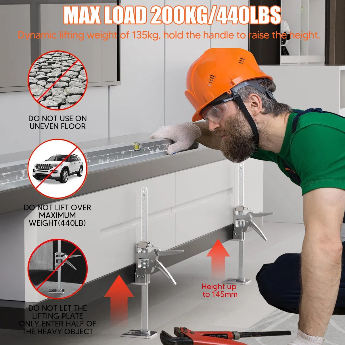 2 Stück 30.4cm Arbeitssparender Heber mit Skala, Arbeitssparende Hebebühnen, Fliesenheber bis zu 200KG, Hubhöhe 14,5cm, Hebevorrichtung für Möbel, Tür, Schrank, Gipskartonplatten, Fliesenheber