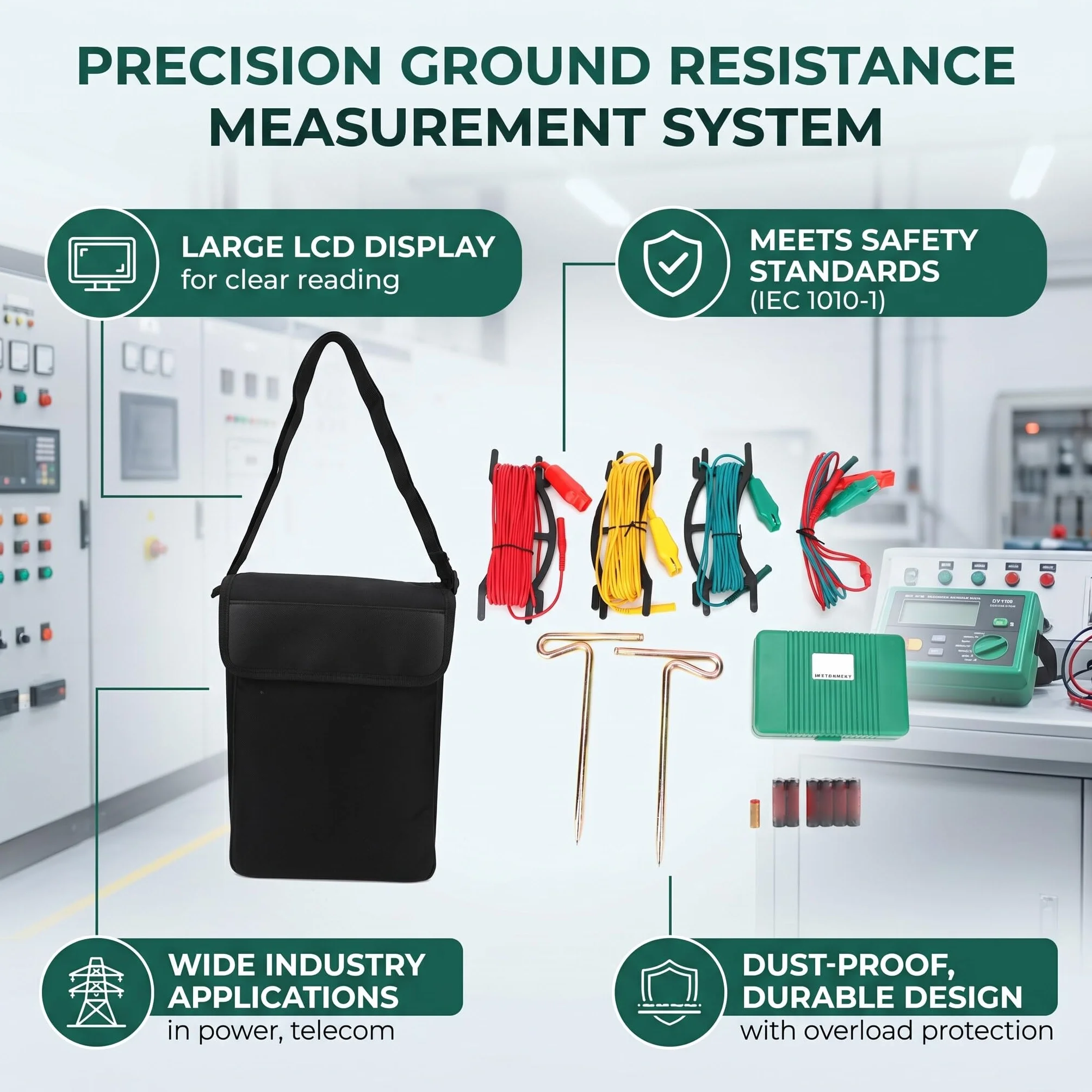 Bodenwiderstandsmessgerät Kit Ground Test Set Digitaler LCD-Display inklusive 3 Testkabel, Widerstandstester und Tasche – Profiwerkzeug für Sicherheitsprüfungen