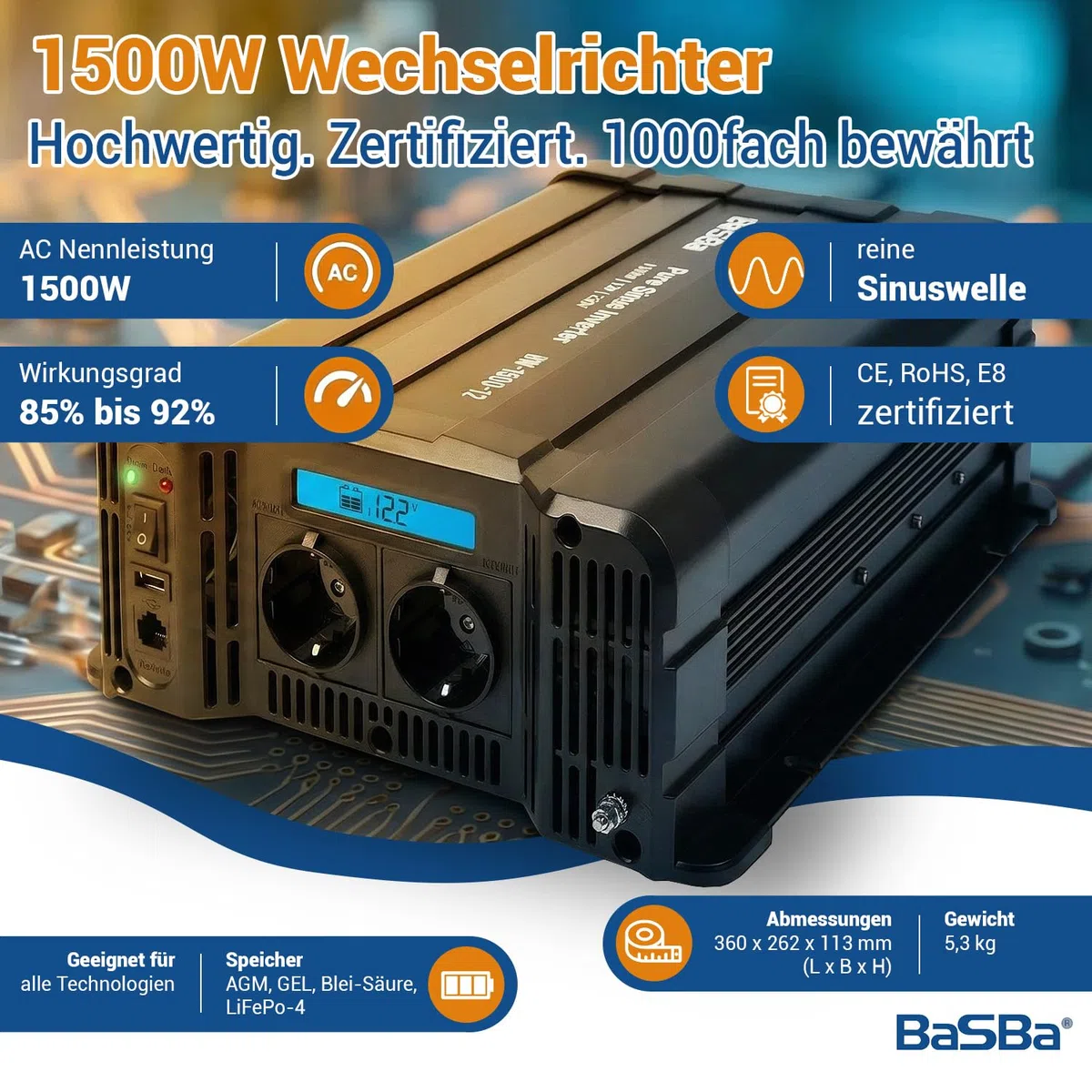 Solar Inselanlage 1500W 230V Komplettset 12V 480Wp PV Anlage mit 260Ah Batterie MPPT Victron Wechselrichter autark Garten Wohnmobil Offgrid | BaSBa BA12-1500