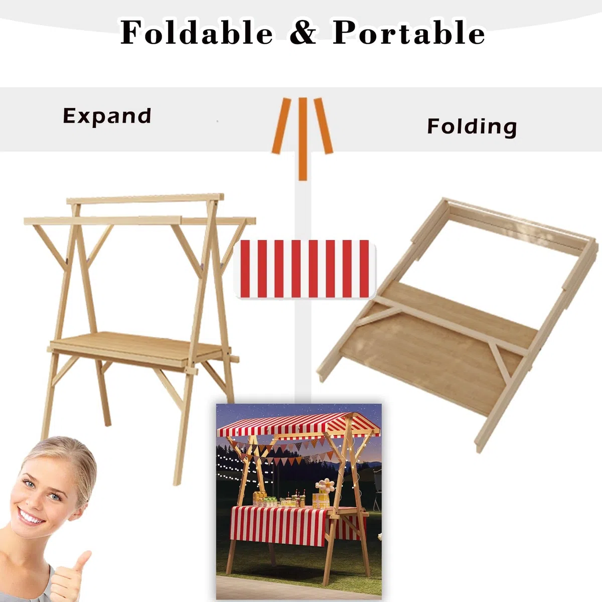 Marktstand, Imbisswagen Marktstand-Display Aus Holz, 120 X 60, 150 X 60, 180 X 60, Tragbarer Imbisswagen Mit Rädern Und Baldachin, Blumenwagen(No Wheels,150x60cm/59x23.6in)