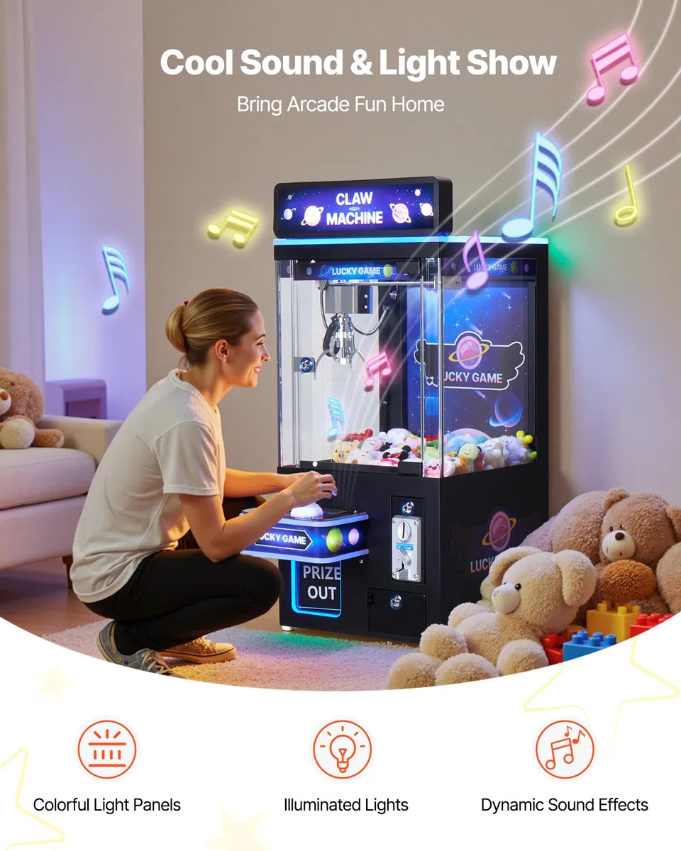VEVOR Greifautomat, Spielautomat, mittelgroßer Arcade-Spielautomat mit Licht & Ton, verstellbaren Stahlkrallen, Gewinnautomat, Greifer, Verkaufsspielzeug, für kommerzielles Heimkino, Schwarz-Lila