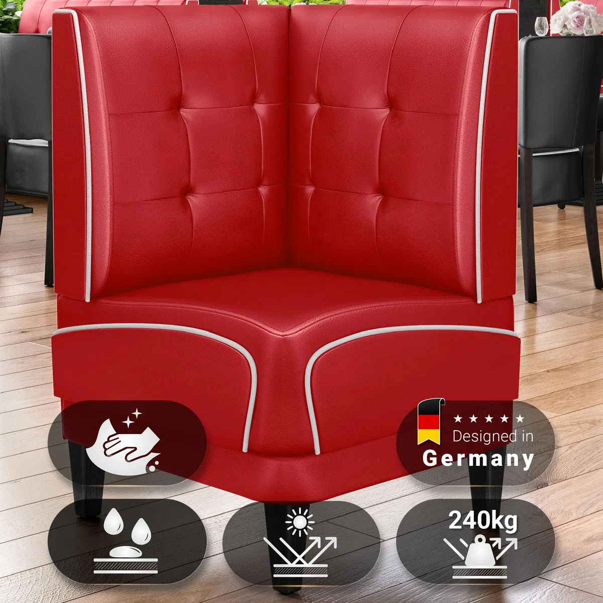 Diner 1 | Diner Eckbank | B:H 64 x 103 cm | Chesterfield | Rot | Leder | Keder: Weiß | Sitzhöhe: 48 cm