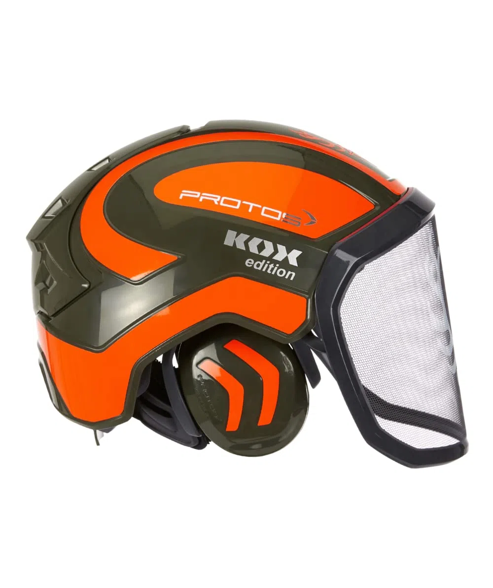 Protos Forsthelm/Schutzhelm KOX Edition mit Gehörschutz und Visier Integral Forest Olivgrün/Neonorange KOX Edition Olivgrün/Neonorange mit Ätzmetallvisier F39