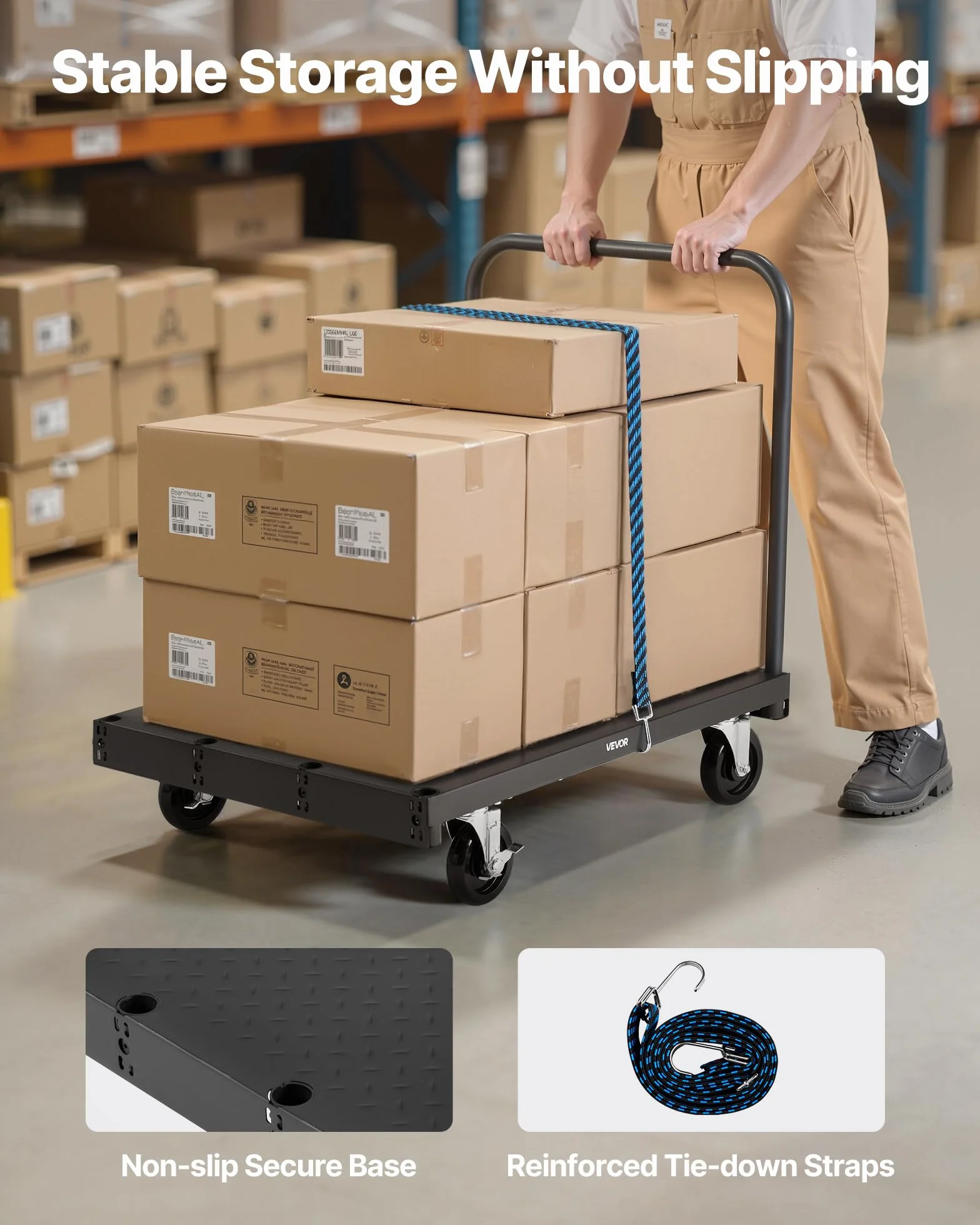 VEVOR Plattenwagen, 816 kg Tragkraft, 2-in-1 Rollenwagen mit 360° Lenkrollen, 914x610 mm Plattformwagen mit 3 seitlichen Handläufen, Transporthilfe für Fabrik, Lager, Garage, Schwarz